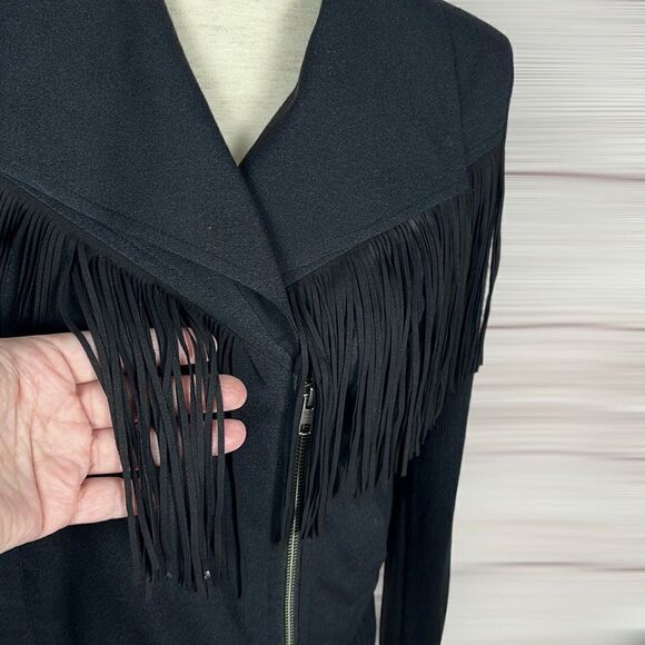 ELLA MOSS Black Lightweight Fringed Moto Jacket Knit Sleeves and Back size S - Picture 6 of 14